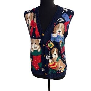 Countryside Classics Blue Women’s S Cotton/Ramie Button Up Christmas Vest Dogs